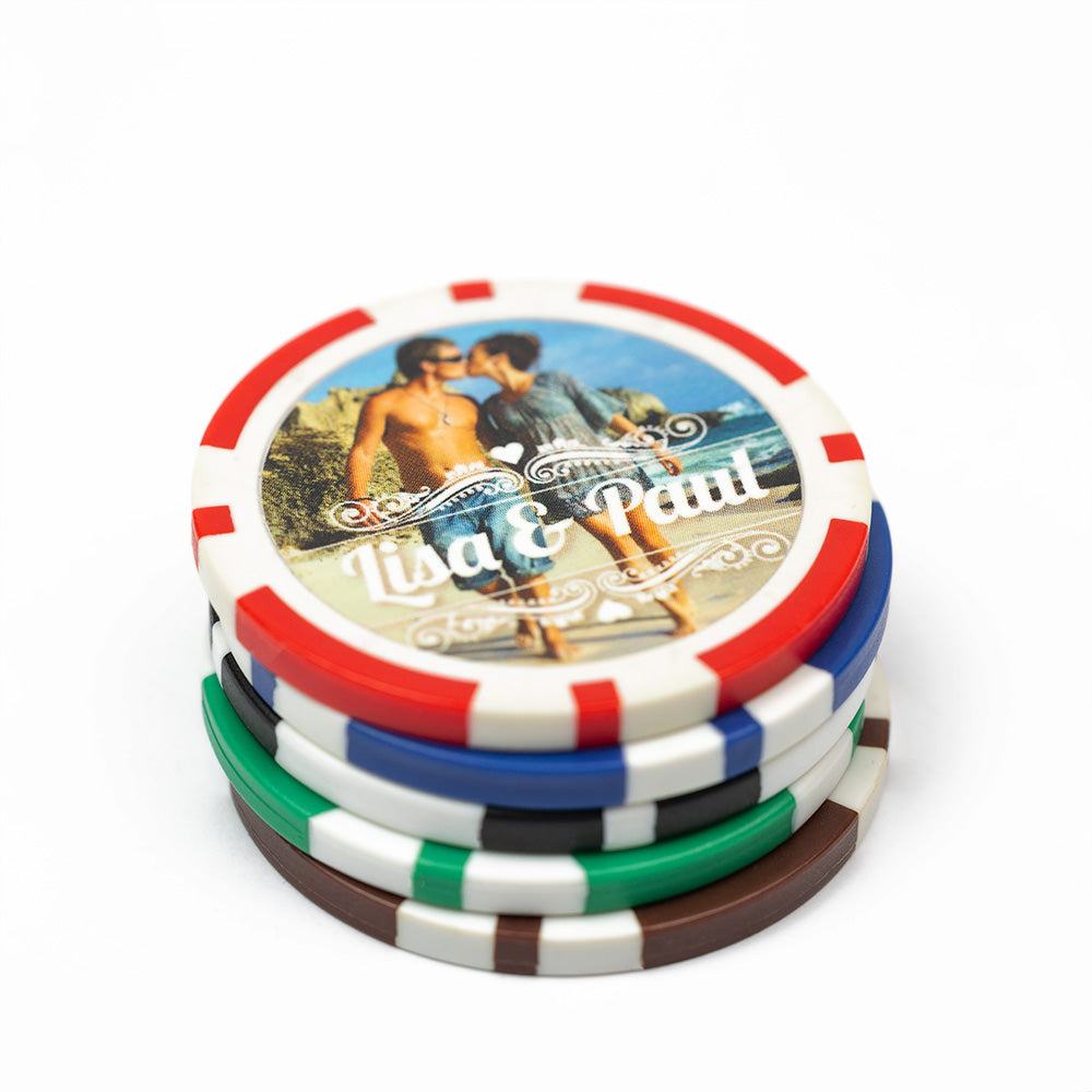 Voorbeeld blauwe pokerchip gepersonaliseerd met foto en logo – ideaal voor casino avonden, bruiloften en promotionele cadeaus